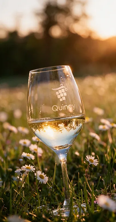 Verre de vin blanc gravé Quincy posé dans un champ de fleurs au coucher du soleil